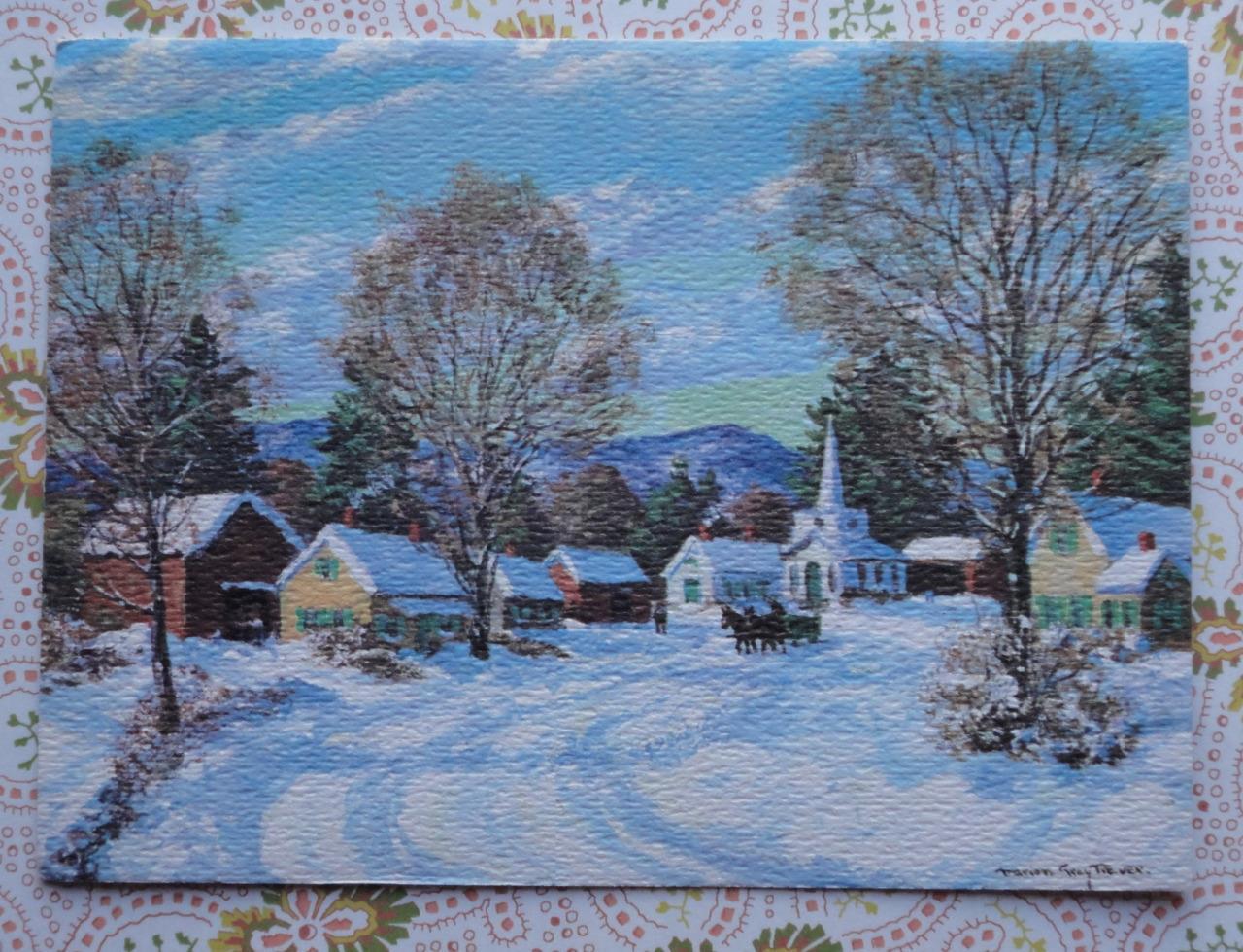 Vintage 1960s Christmas Card SNOWY VILLAGE Watercolor A/S Marion Gray Traver