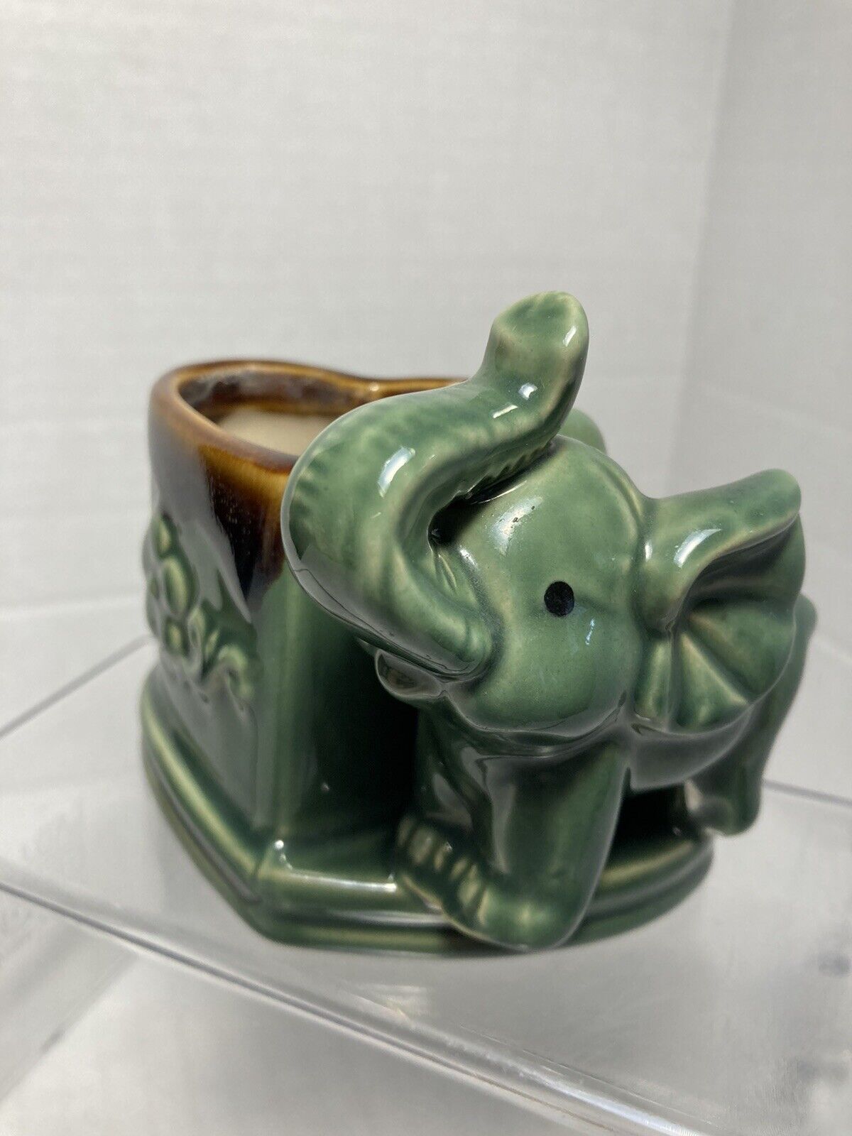 Vintage Ceramic Green & Brown Elephant Planter Trunk Up  4\