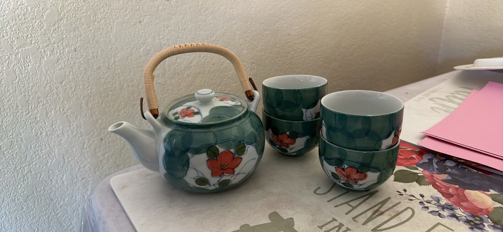 Arita-Yaki tea set with tea pot and four bowls,  Kafuh Japan Aqua/ Orange/White