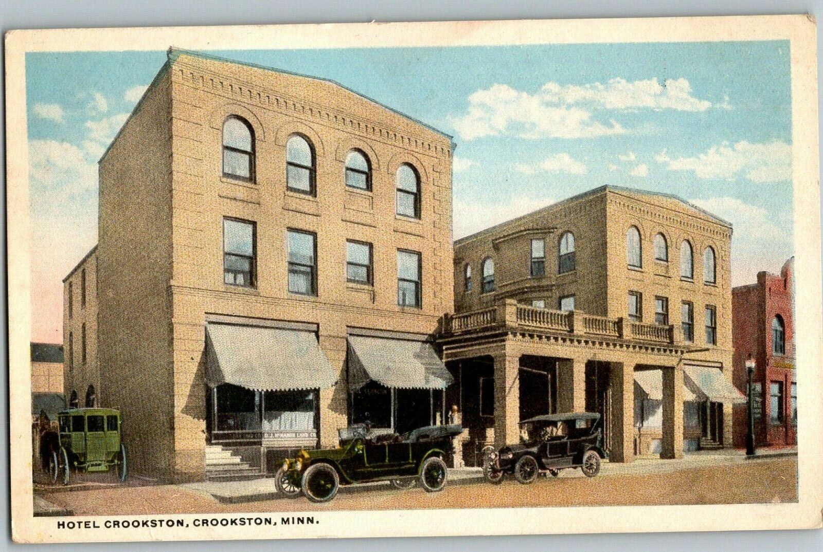 C1920 Postcard Hotel Crookston 1920's Cars on the Street Crookston MN