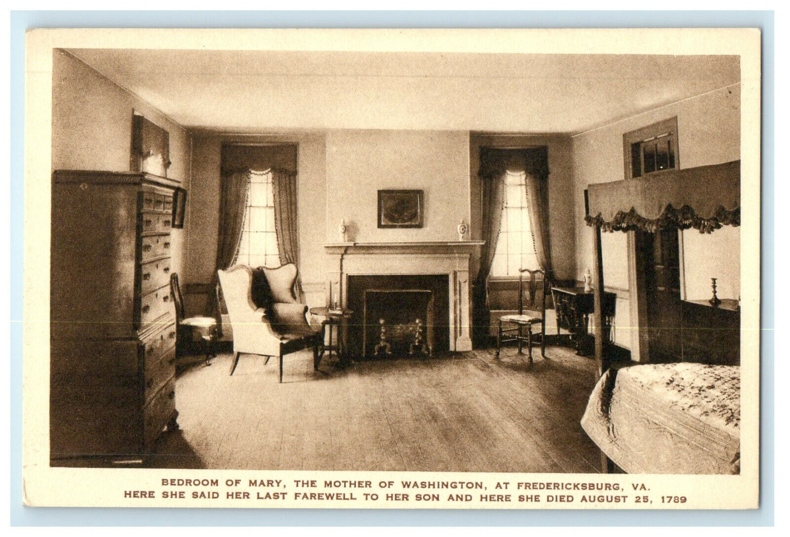 c1920s Fireplace, Seat & Bedroom of Mary The Mother of Washington Postcard