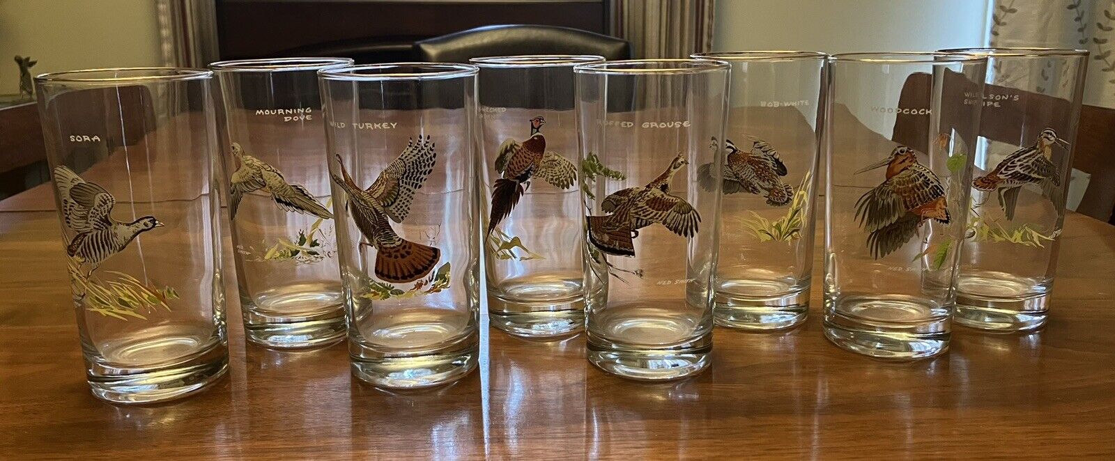 Vtg NED SMITH Duck Waterfowl Tumblers/Cocktail Glasses Gold Rim Set of 8