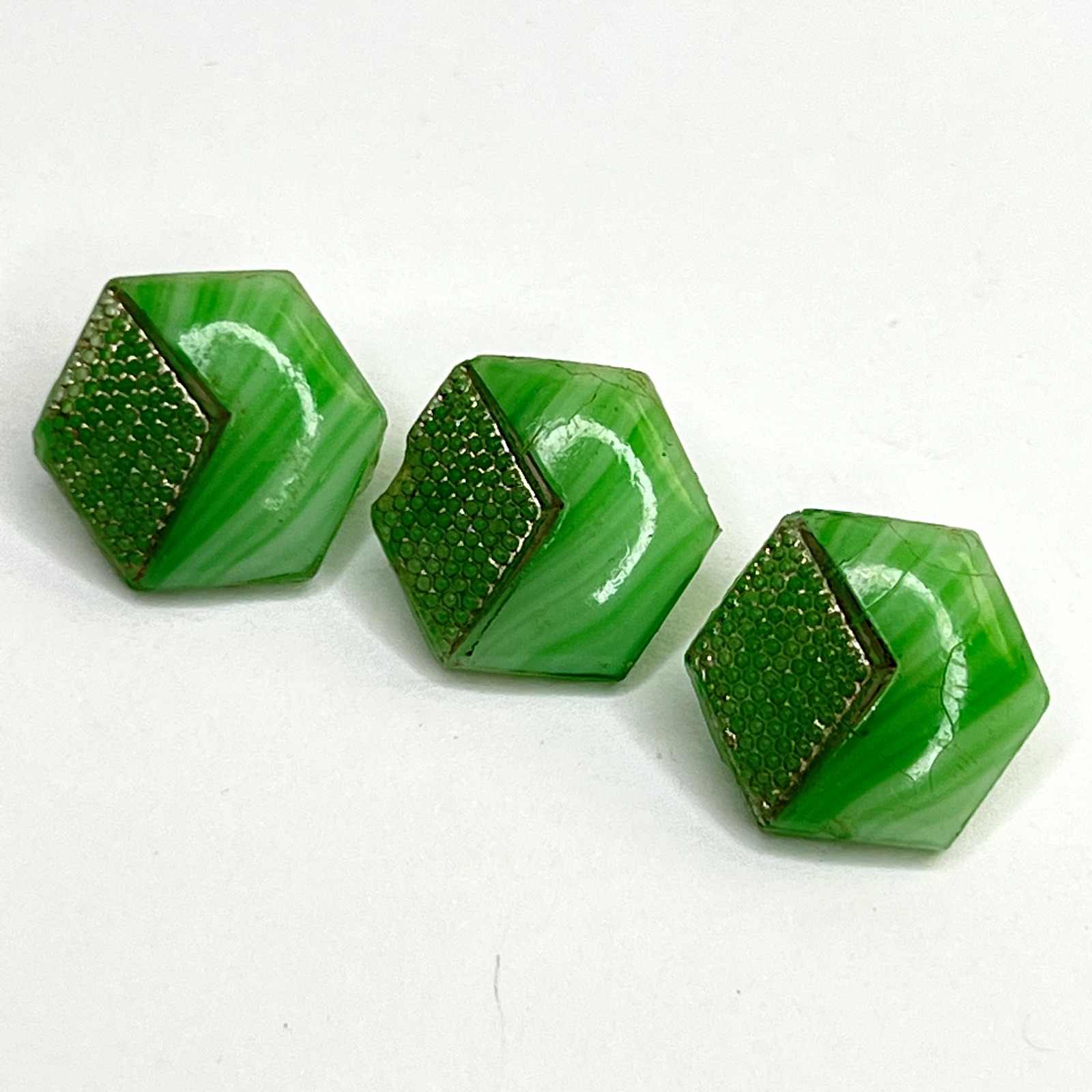 3 small  Antique green glass buttons. FA