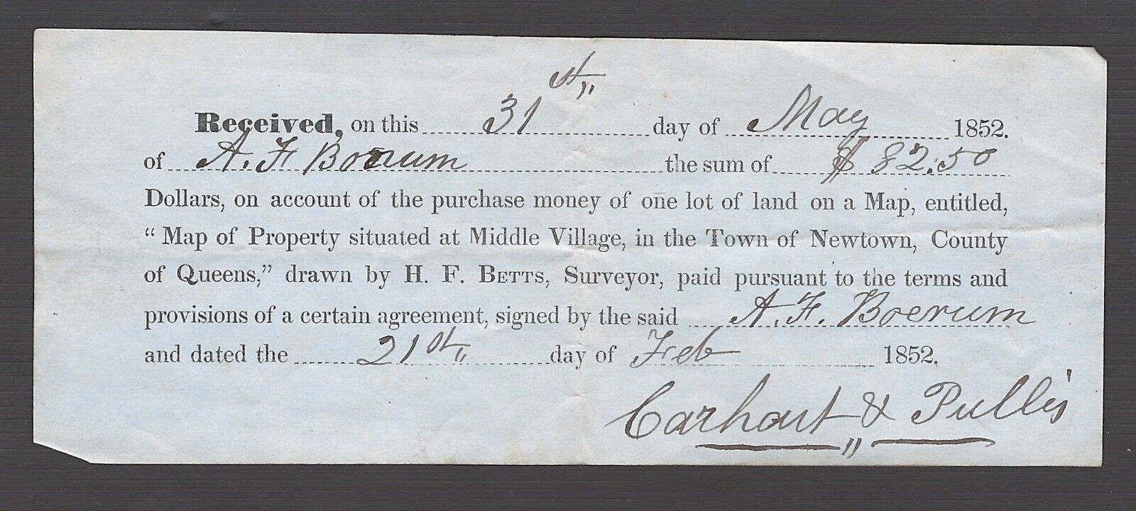 Vintage Receipt May 31, 1852 --- Land Purchase Middle Village NY