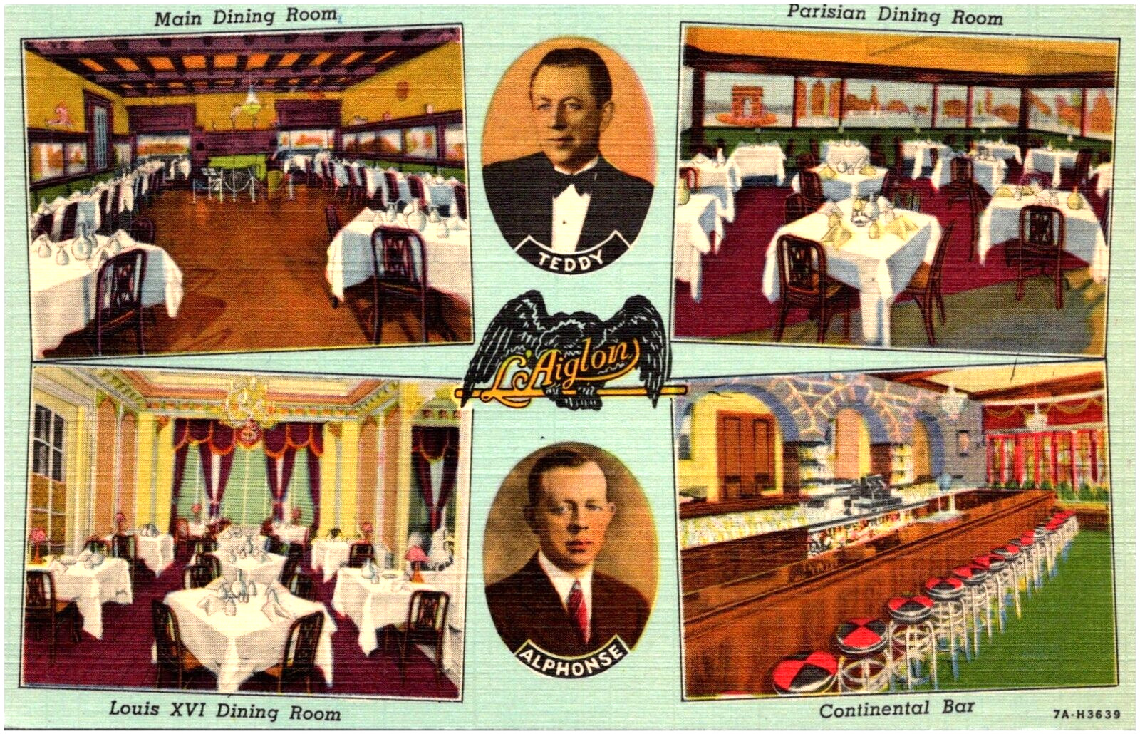L\'Aiglon French Restaurant Dining Rooms & Bar Chicago IL 1930s Linen Postcard