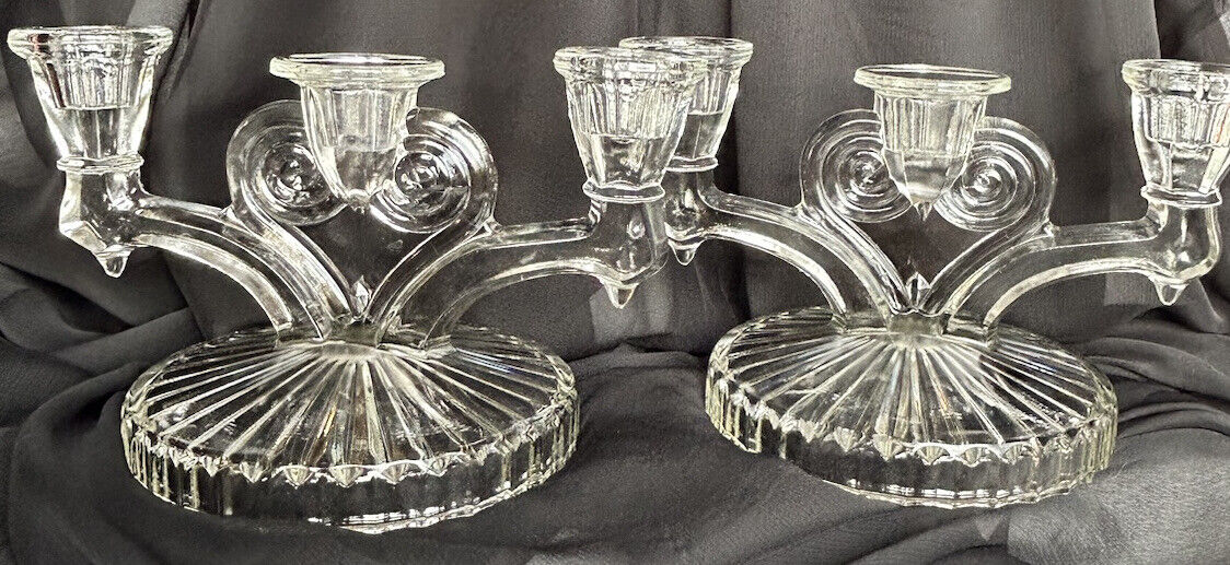 Vintage Jeanette Cosmos Triple Candlestick Holder Clear Glass 1945-1956 Set Of 2