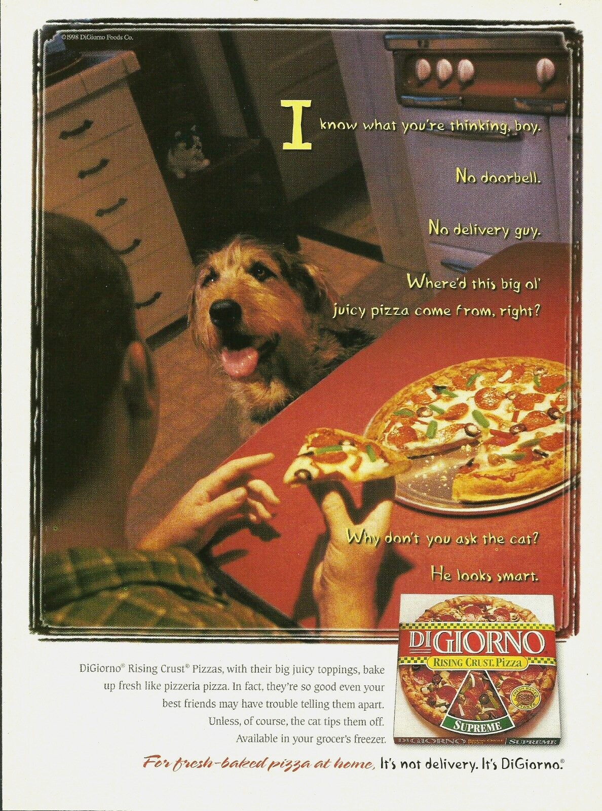 1998 Digiorno Pizza Rising Crust Dog vintage Print AD 90\'s Food Advertisement