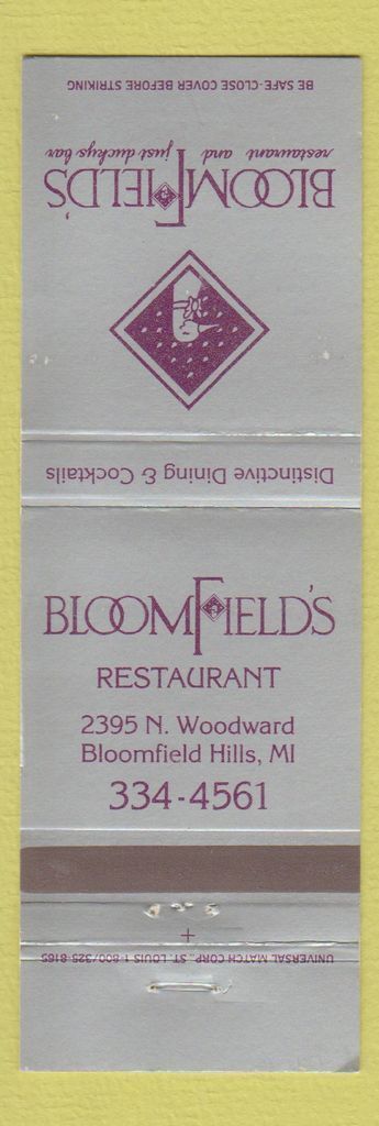 Matchbook Cover - Bloomfield's Restaurant Bloomfield Hills MI