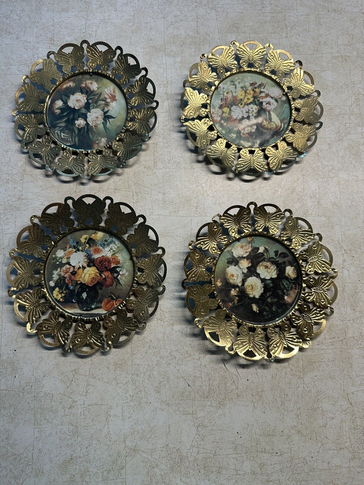 Vintage Brass Butterfly Victorian Wall Picture Frames w/Glass England Set Of 4.
