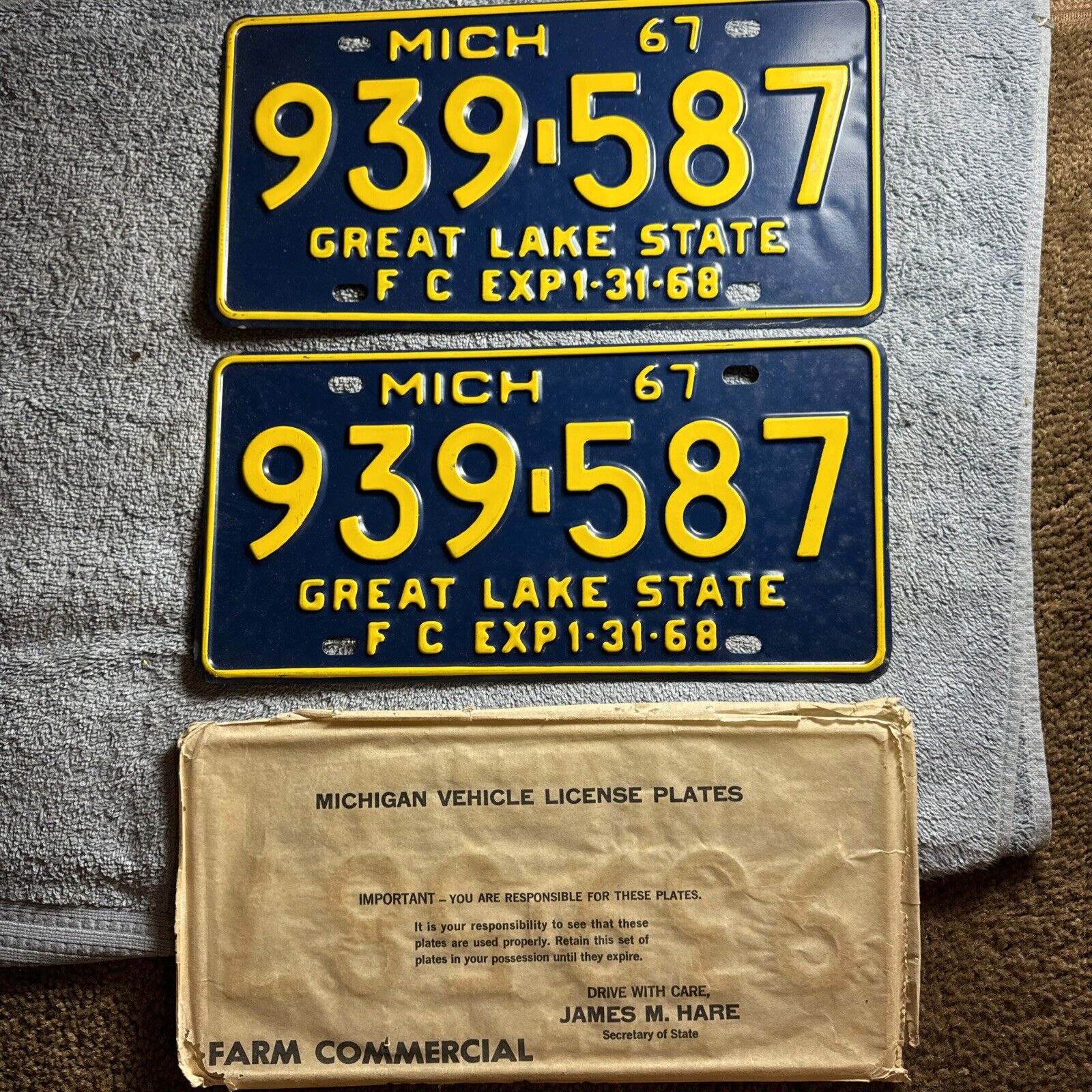 1967 Michigan Farm Commercial License Plate Pair 939-587 New Old Stock