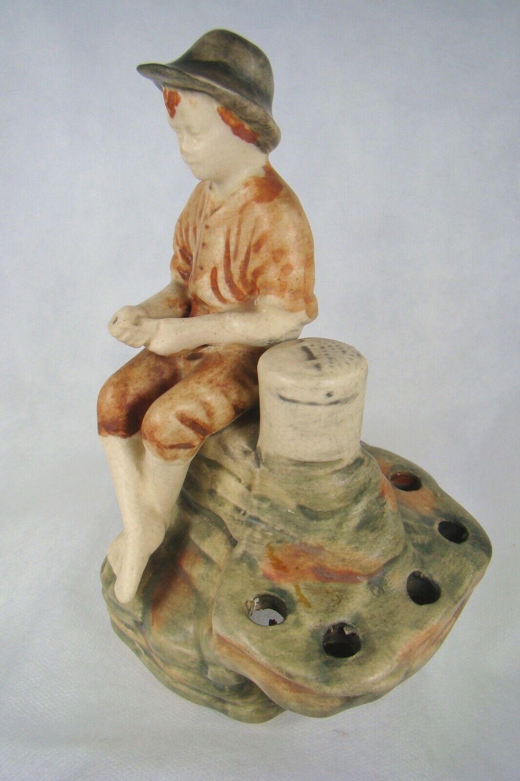 Weller Muskota Boy Fishing Flower Frog Figurine 1920 Vintage MINT Art Pottery