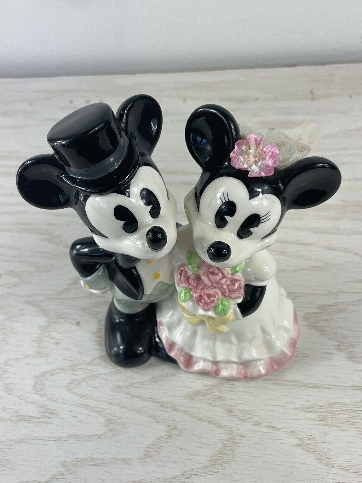 Vintage Disney Mickey And Minnie Mouse Ceramic Wedding Cake Topper Bride & Groom