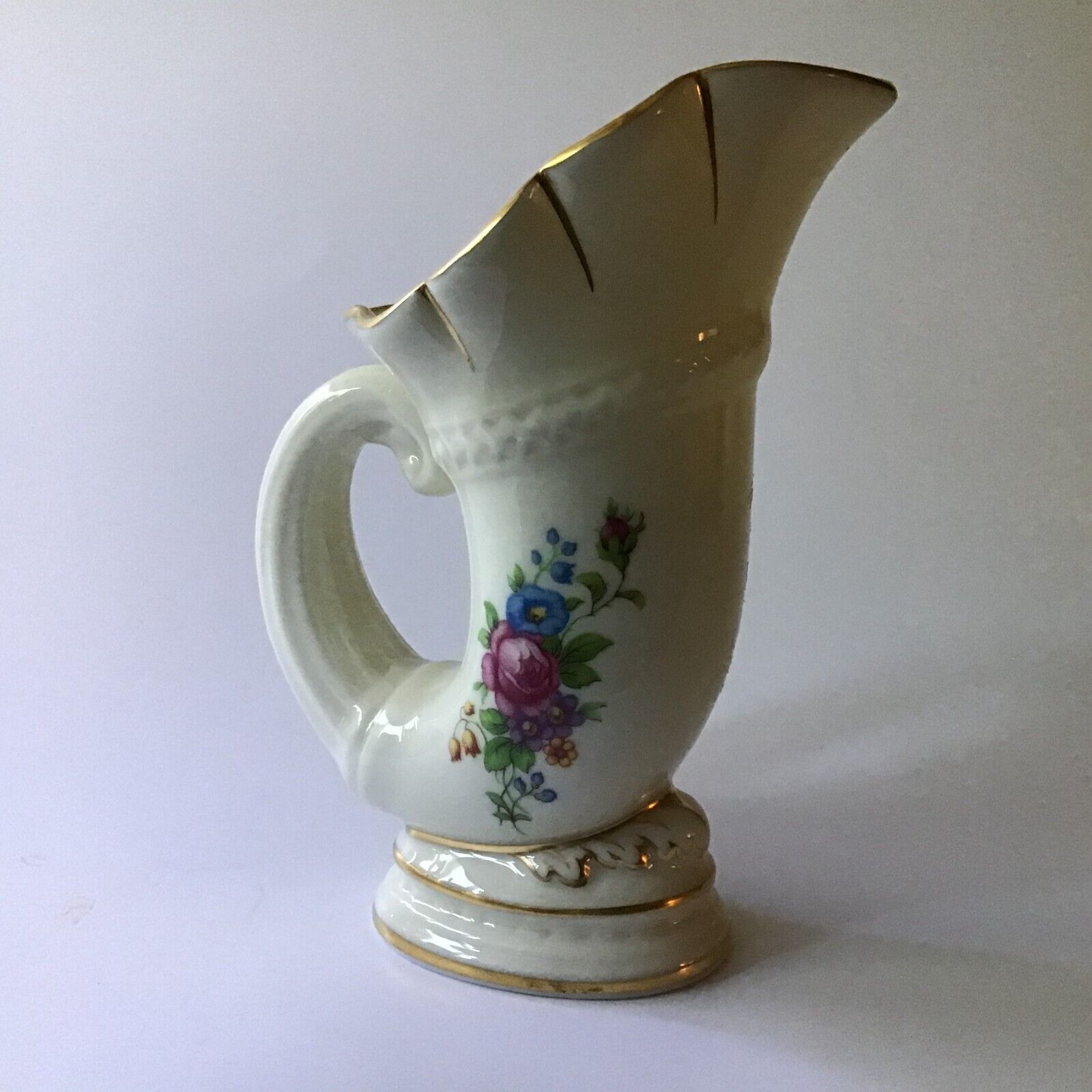 Lenox Porcelain Cornucopia Vintage Roses Floral Green Stamp Horn of Plenty Vase