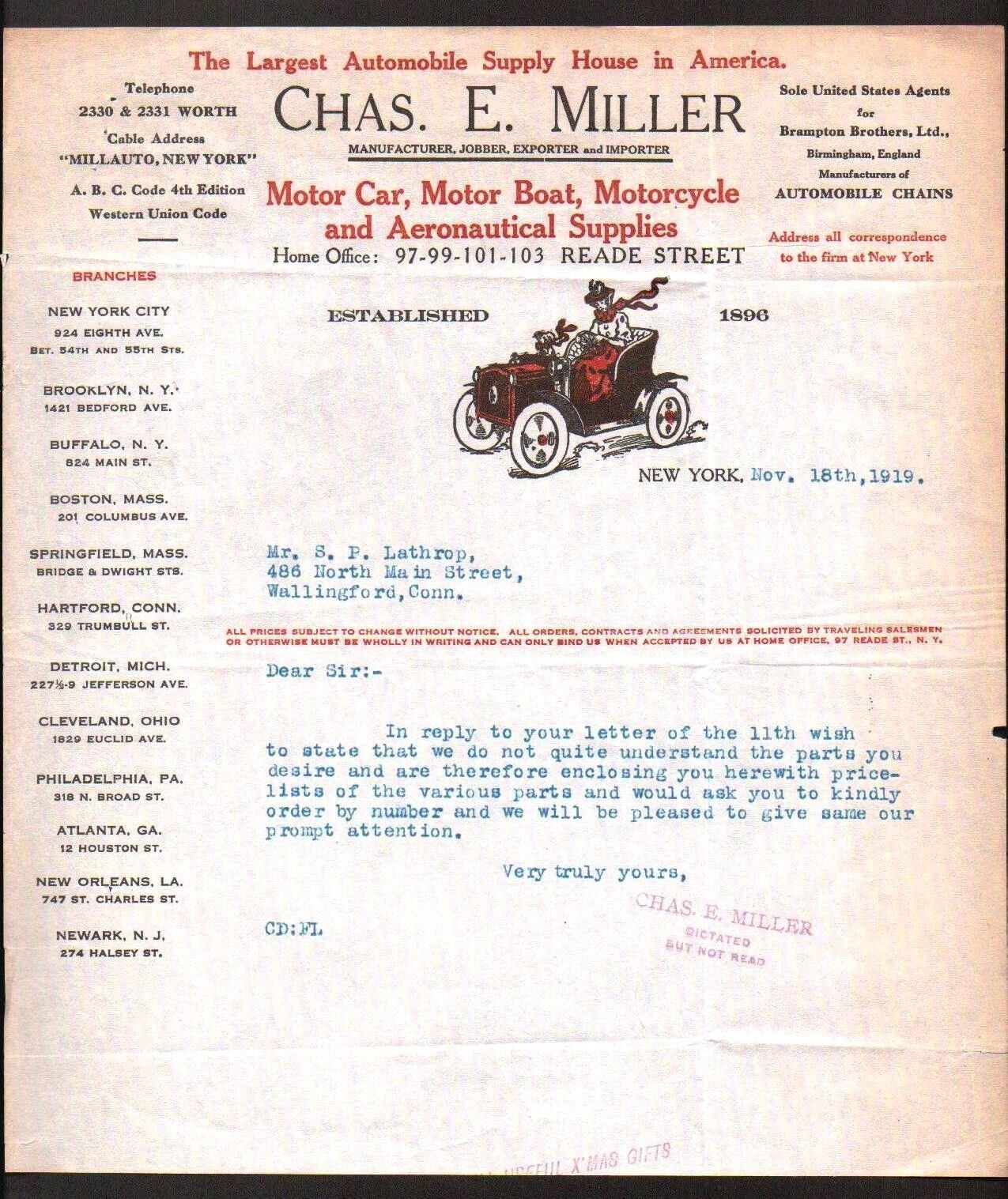 1919 Chas E Miller Motor Car Boat Motorcycle Aeronautical  New York Letter Head