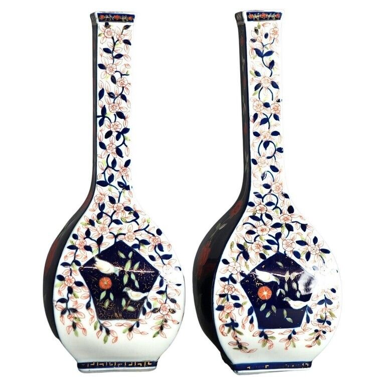 Pair of Antique Dresden Floral Decorated Porcelain Bottle Vases with Birds C1890