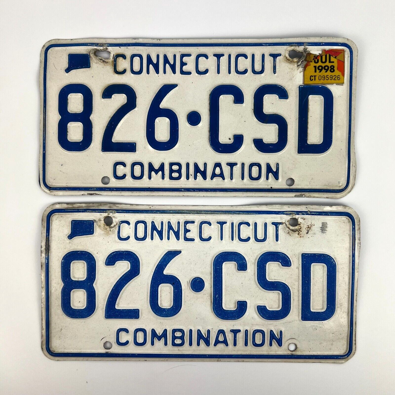 Vintage Connecticut License Plates Combination Pair 1998 White and Blue 826 CSD