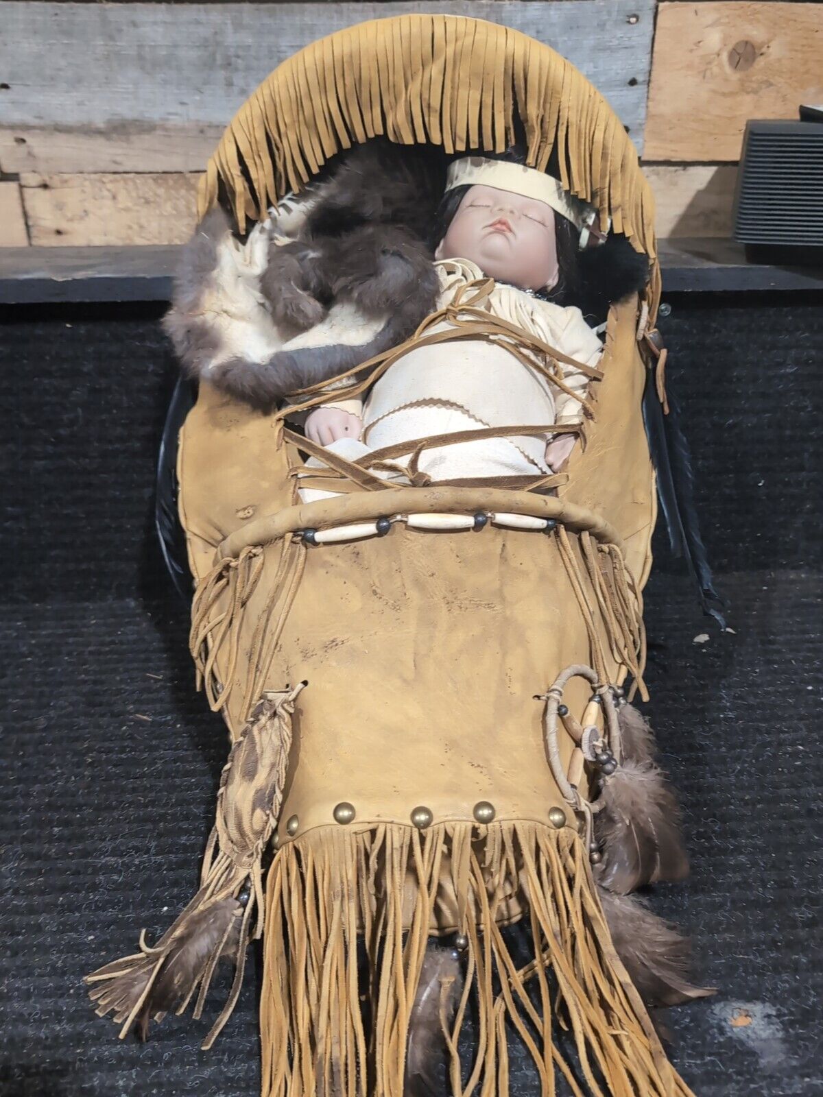 Leather Long Fringe Native Papoose Cradle Board