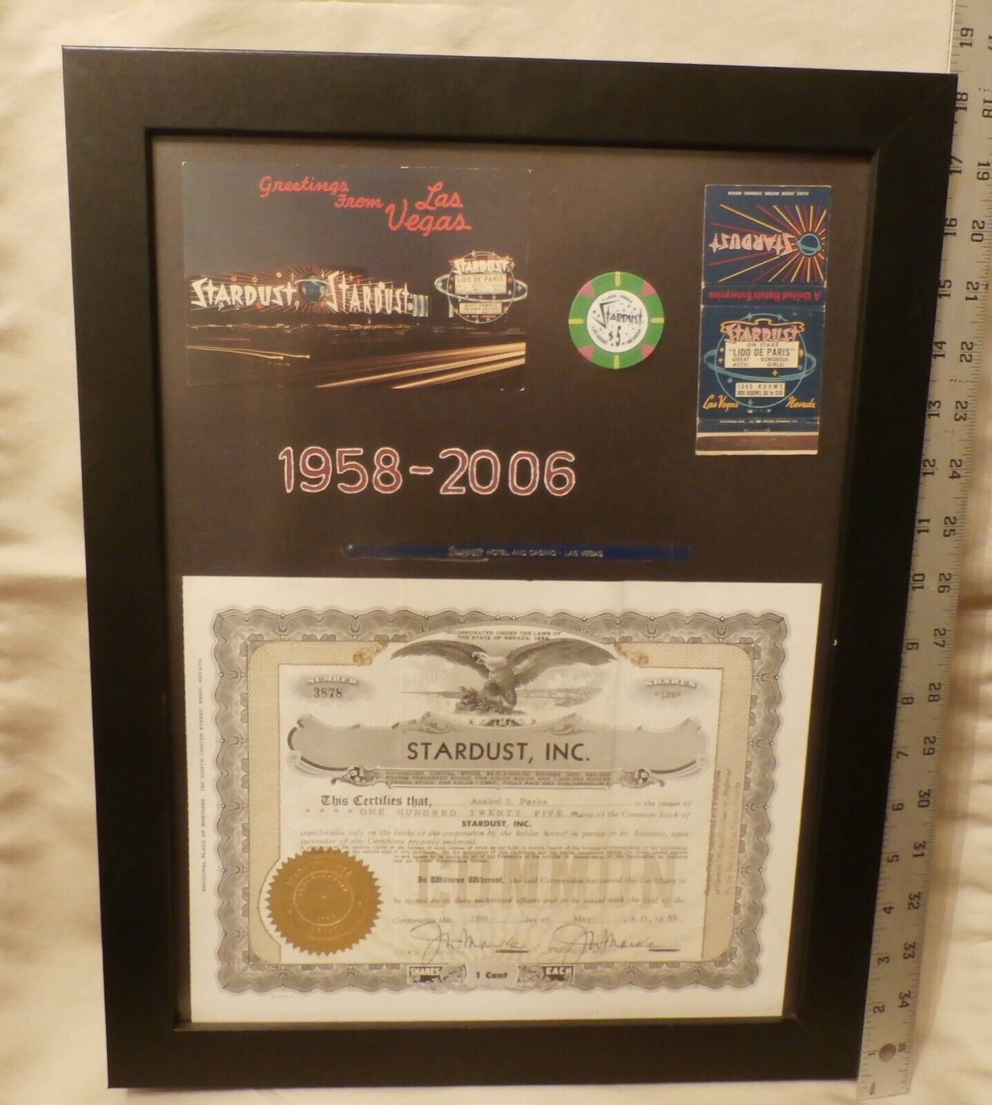 Stardust Las Vegas Stock certificate 1954 ORIGINAL framed with other items