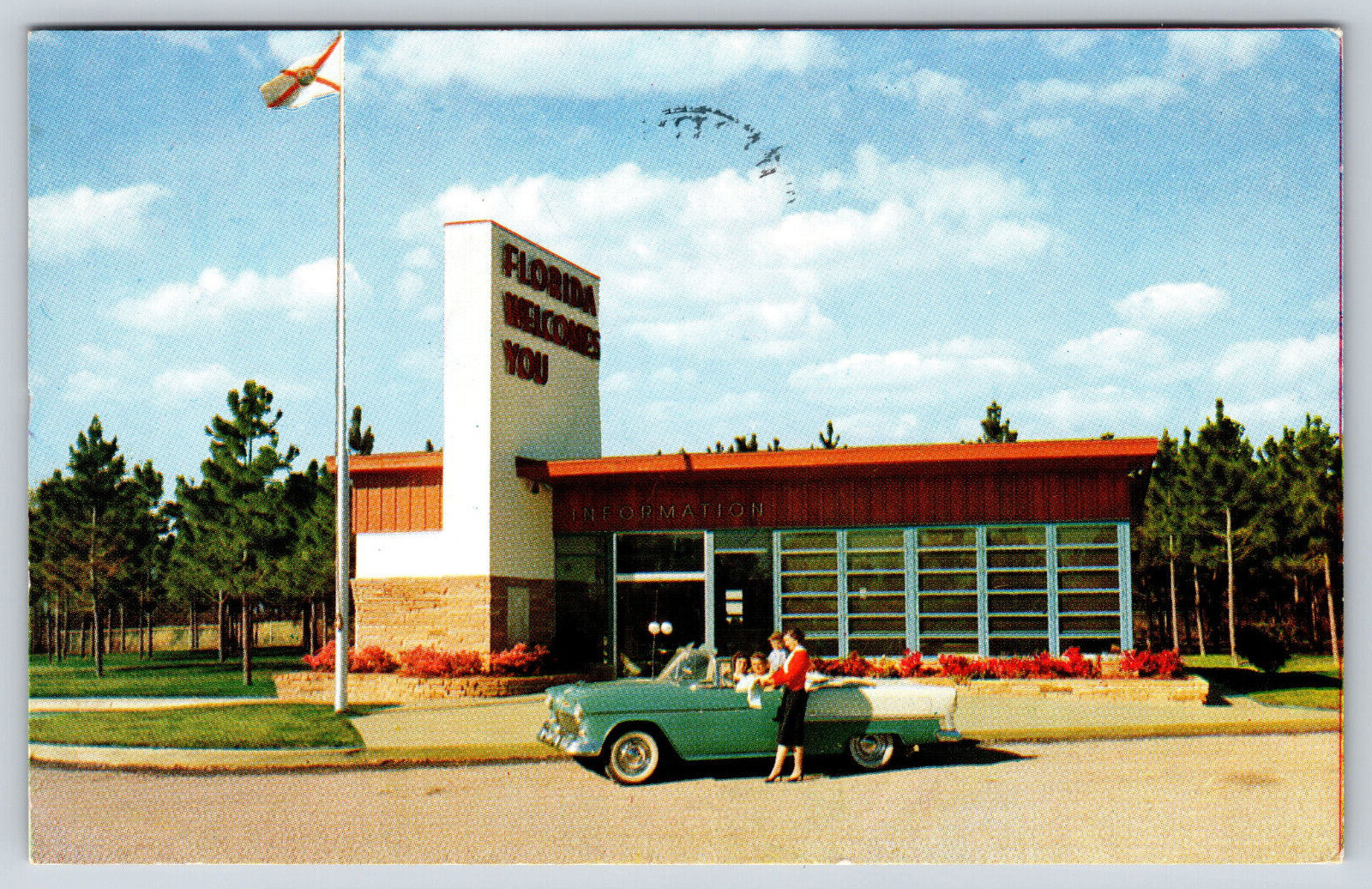 Original Old Vintage Postcard Welcome To Florida Visitor Station 1955 Chevy