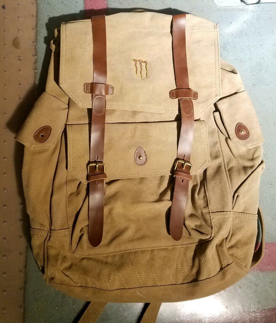 JAVA MONSTER Heavy Duty Canvas Backpack w/Leather Straps Vault Back to School