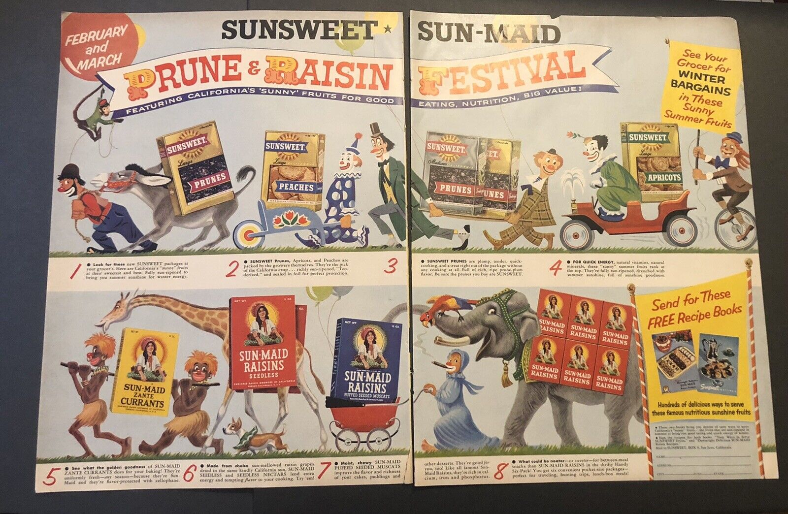 1950’s Sunsweet Prune & Raisin Circus Theme Clown & Giraffe Magazine Ad