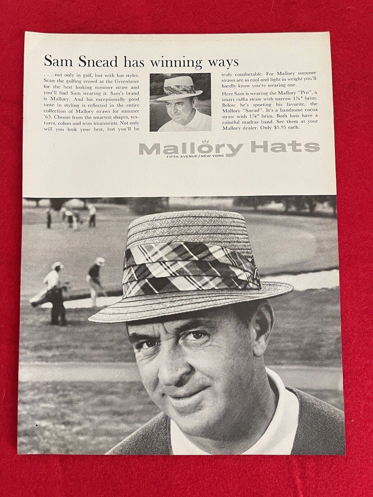 Vintage 1963 Mallory Hats Sam Snead Print Ad