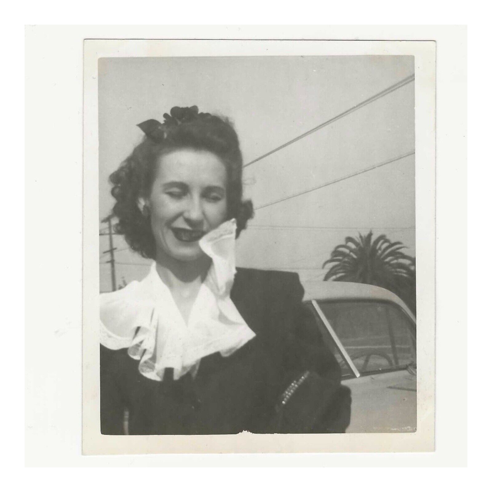 Vintage Snapshot Candid Photo Woman Eyes Closed Windblown Collar Car Palm Tree