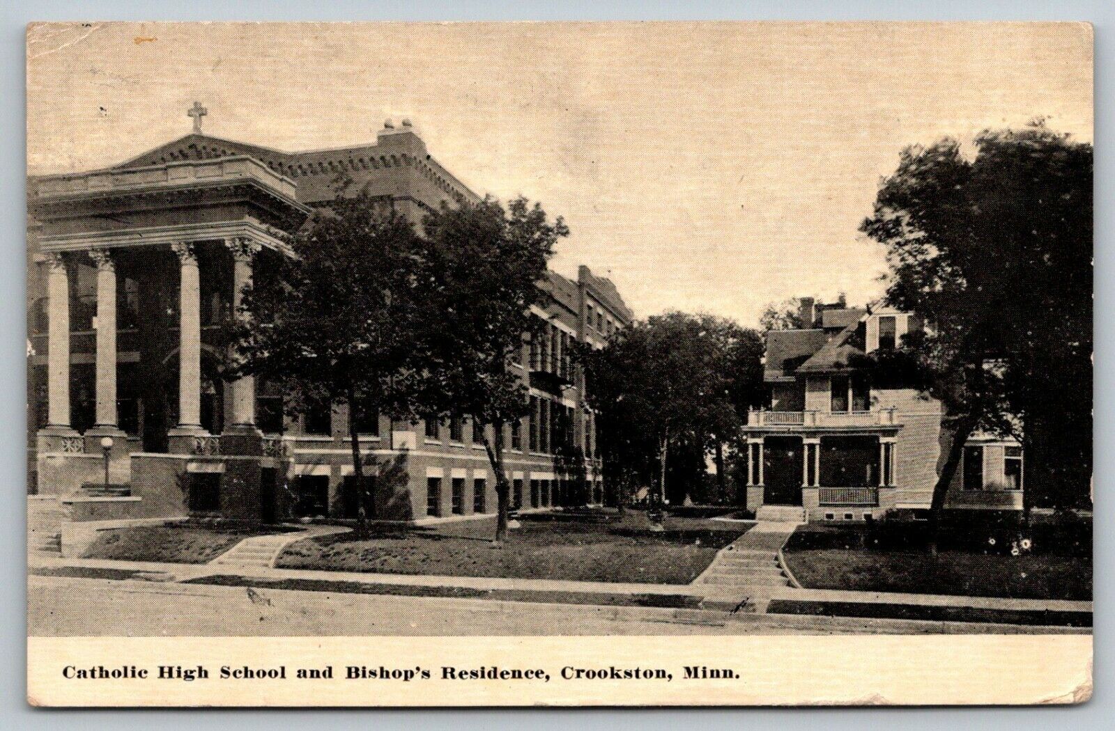 Crookston Minnesota~Catholic High School & Bishop\'s Residence~1913 B&W Postcard