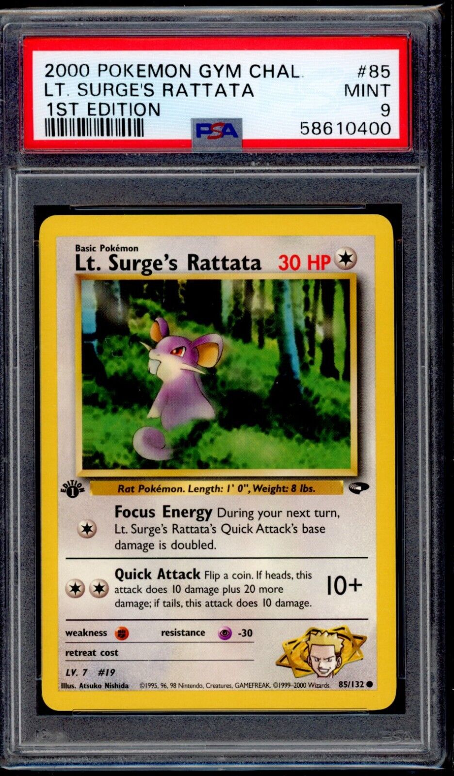 PSA 9 Lt. Surge's Rattata 2000 Pokemon Card 85/132 1st Edition Gym Challenge
