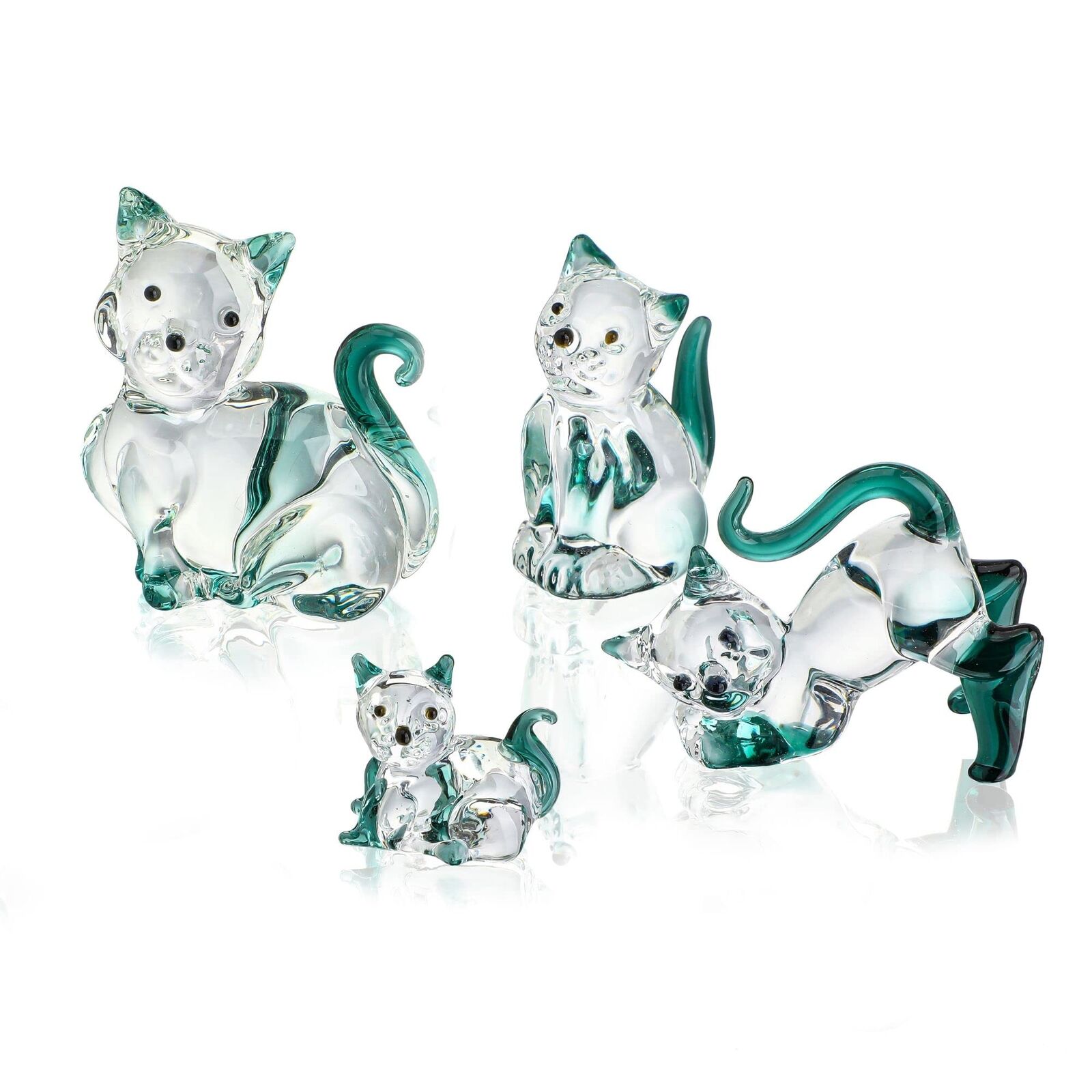 Blown Glass Cat Figurines Collectibles Pack of 4 Emerald Green Crystal Kitty ...