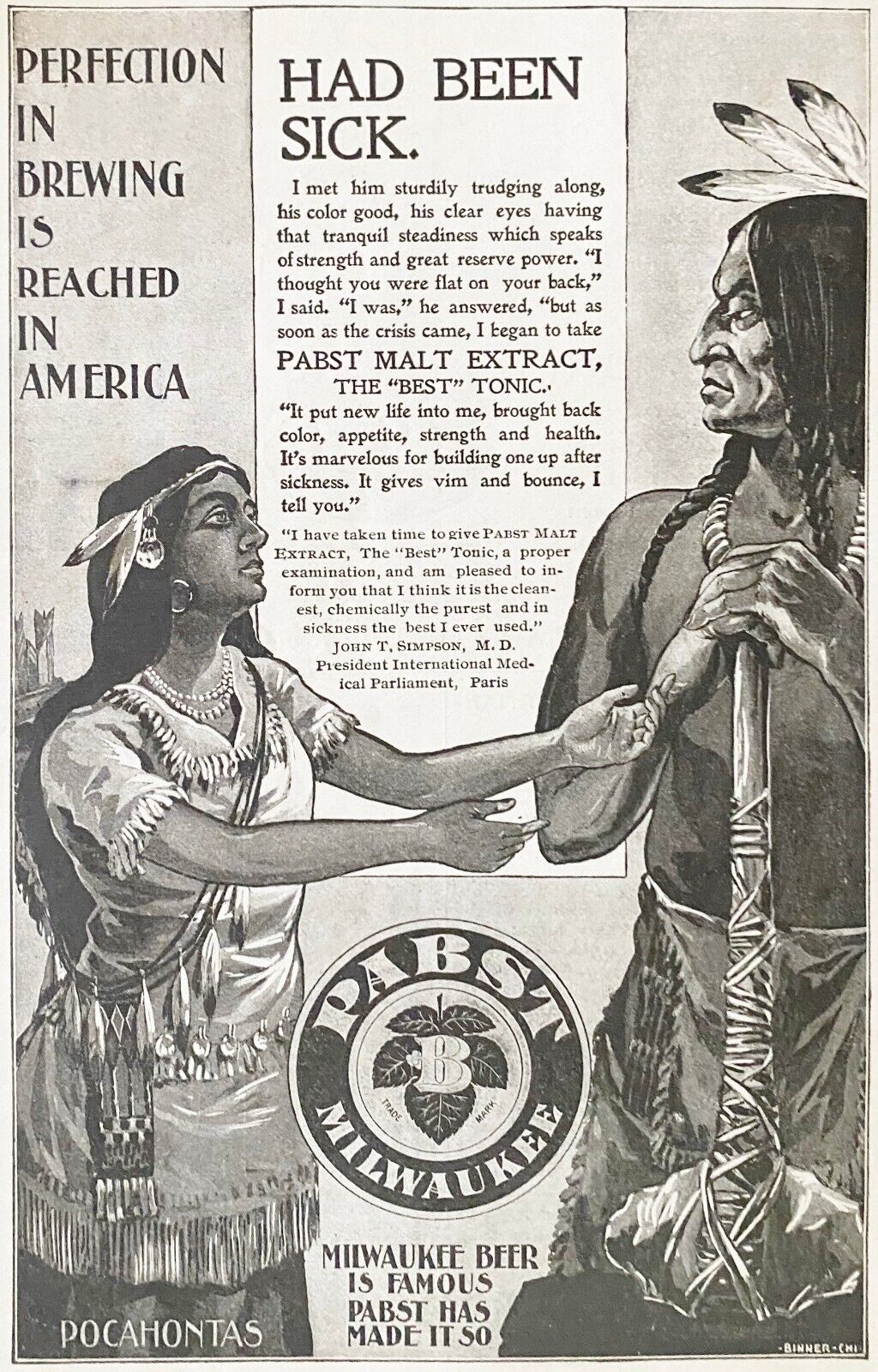 Antique 1897 PABST Vtg Beer Print Ad~Pocahontas&Indian Brave Native American Art