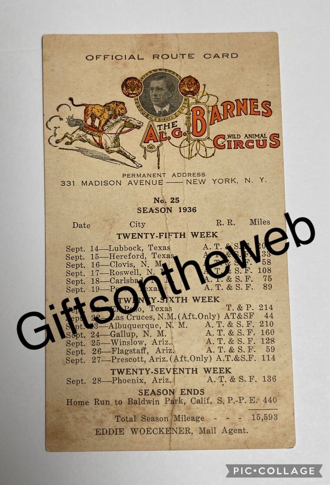 1936 Al G Barnes Wild Animal Circus Railroad Route Card Baldwin Park, California