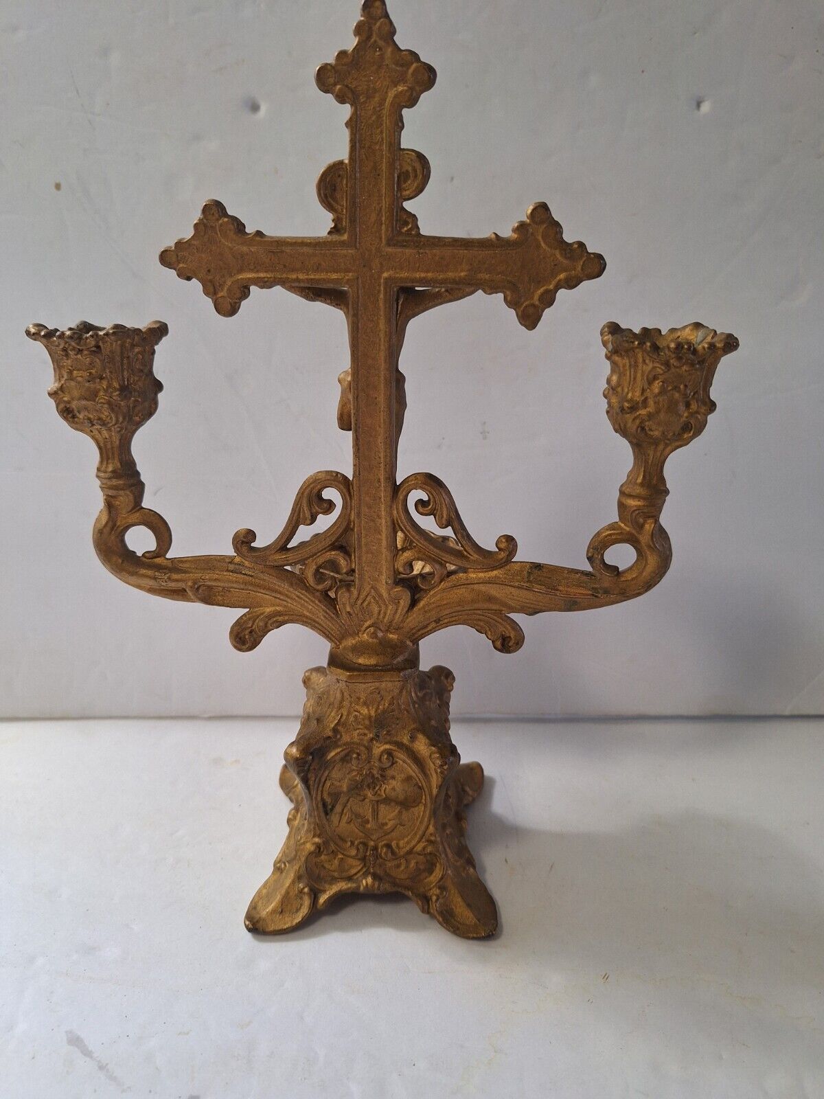 Antique 1900-1920 Metal Crucifix with Candle Holders & Holy Water Shell
