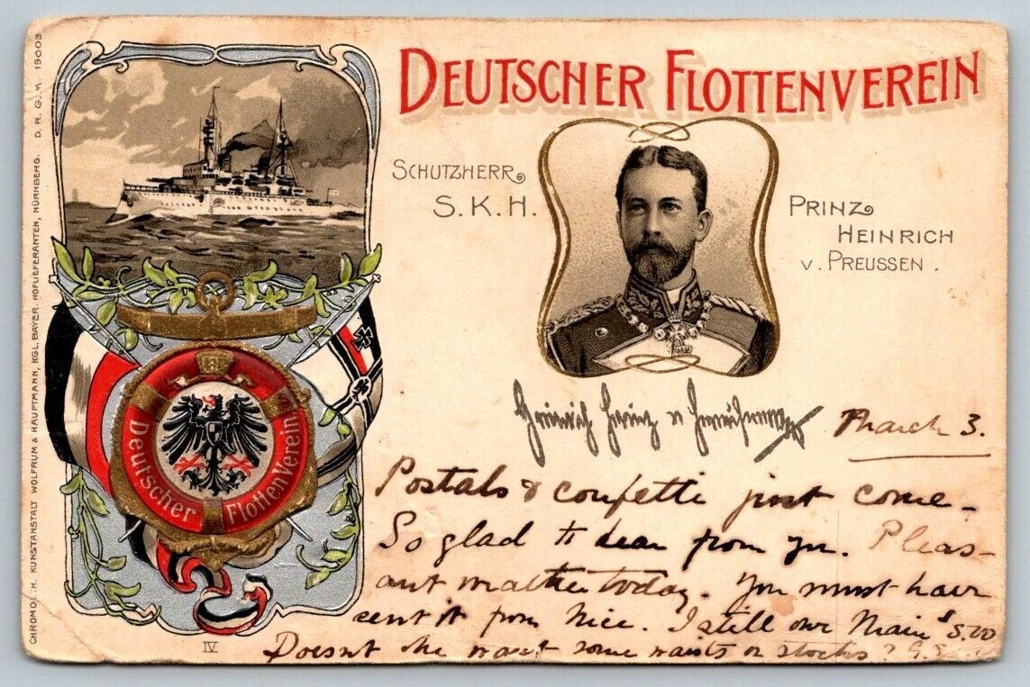 German Navy Ship  Deutscher Flottenverein Prinz Heinrich  c1902  Postcard