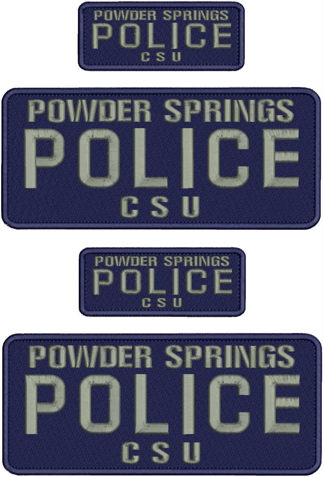 POWDER SPRINGS POLICE CSU 4 EMB PATCHES 4X10 &2X5 VELCR@ ON GRAY ON NAVY BLUE