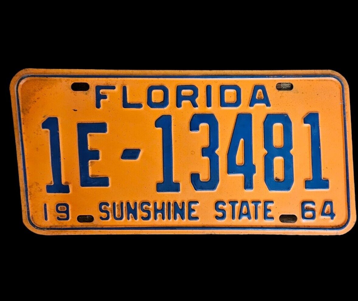 Original 1964 Vintage Florida License Plate Tag Orange/Blue