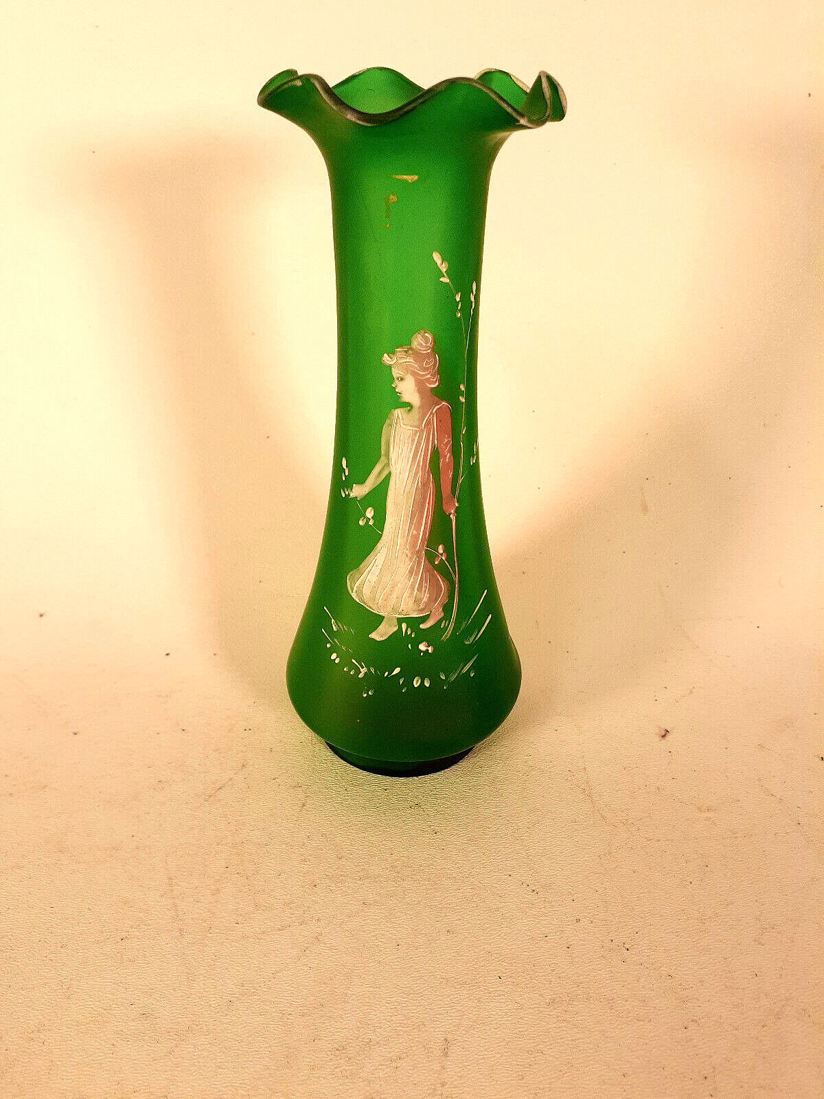 Antique Hand Blown Green Glass Mary Gregory Vase, 7.5\