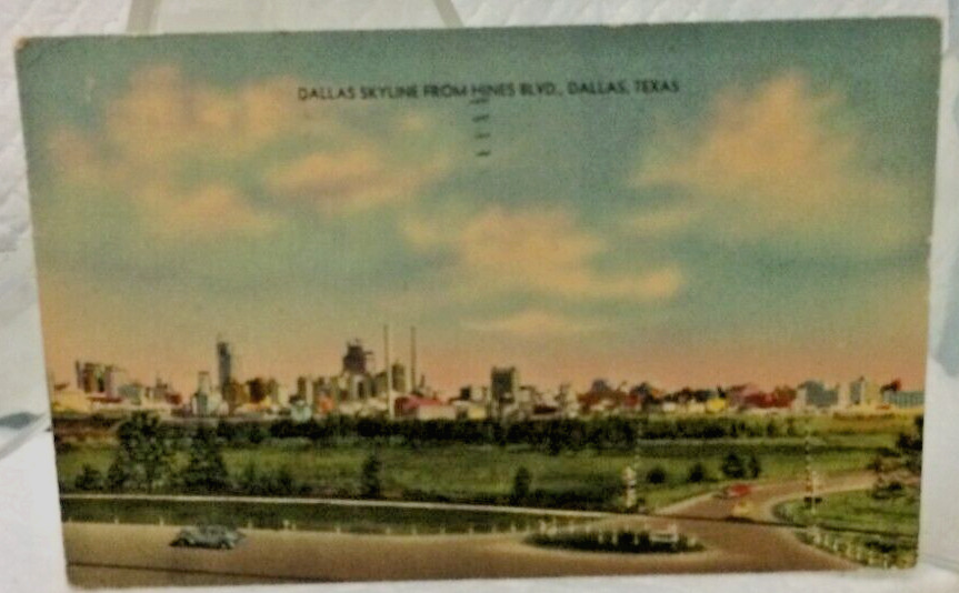 Vintage Linen Postcard Dallas Skyline Hines Blvd. Dallas, Texas 1930\'s-40\'s