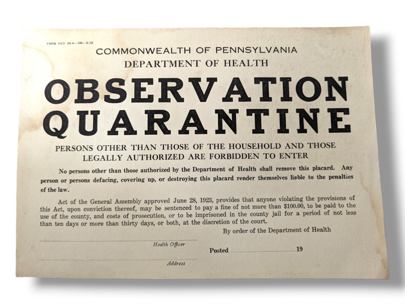 Commonwealth Of Pennsylvania Department Of Health Observation Quarantine...