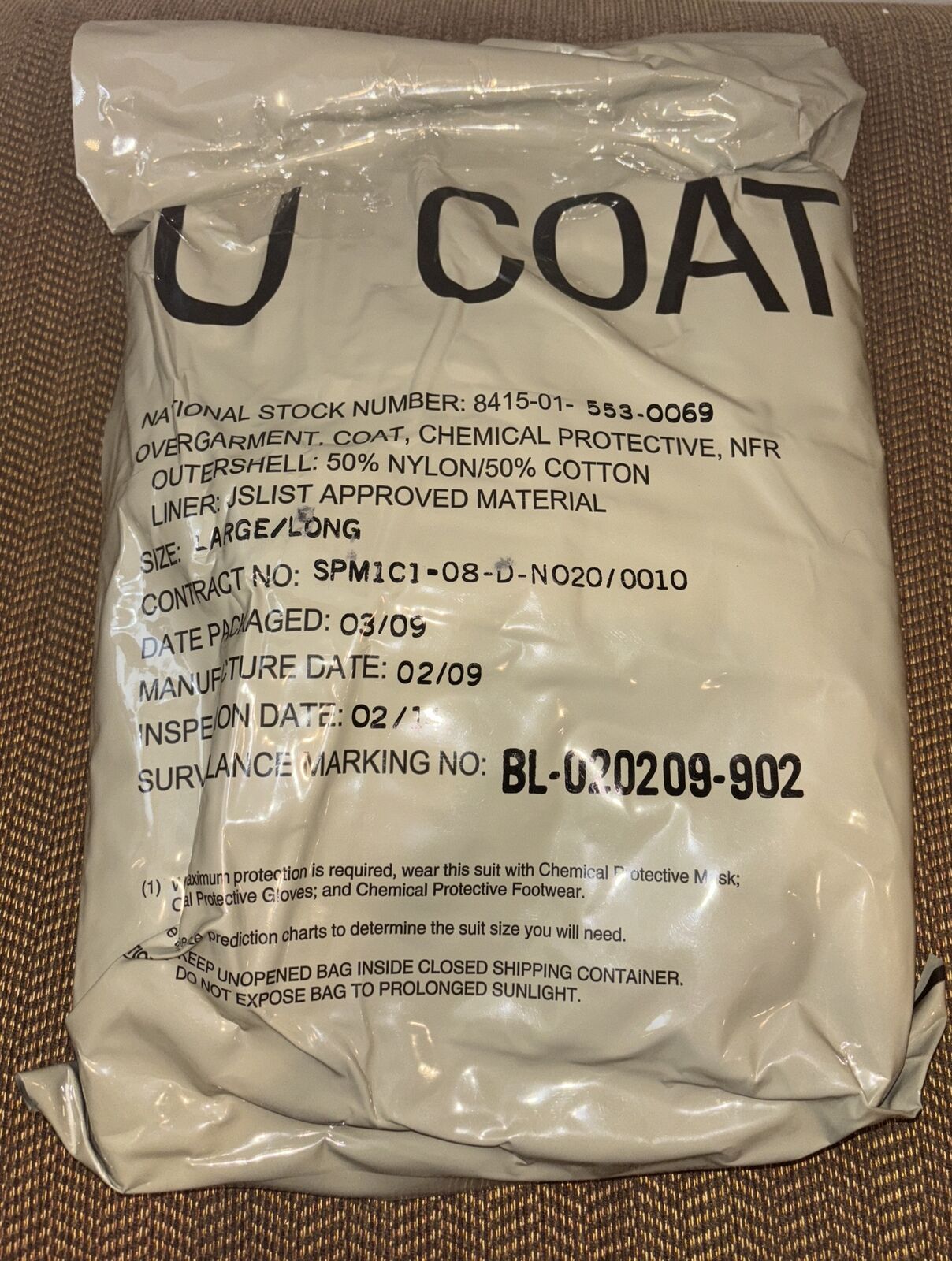 Military Overgarment Chemical Protective Coat Large/Long Sealed 2009