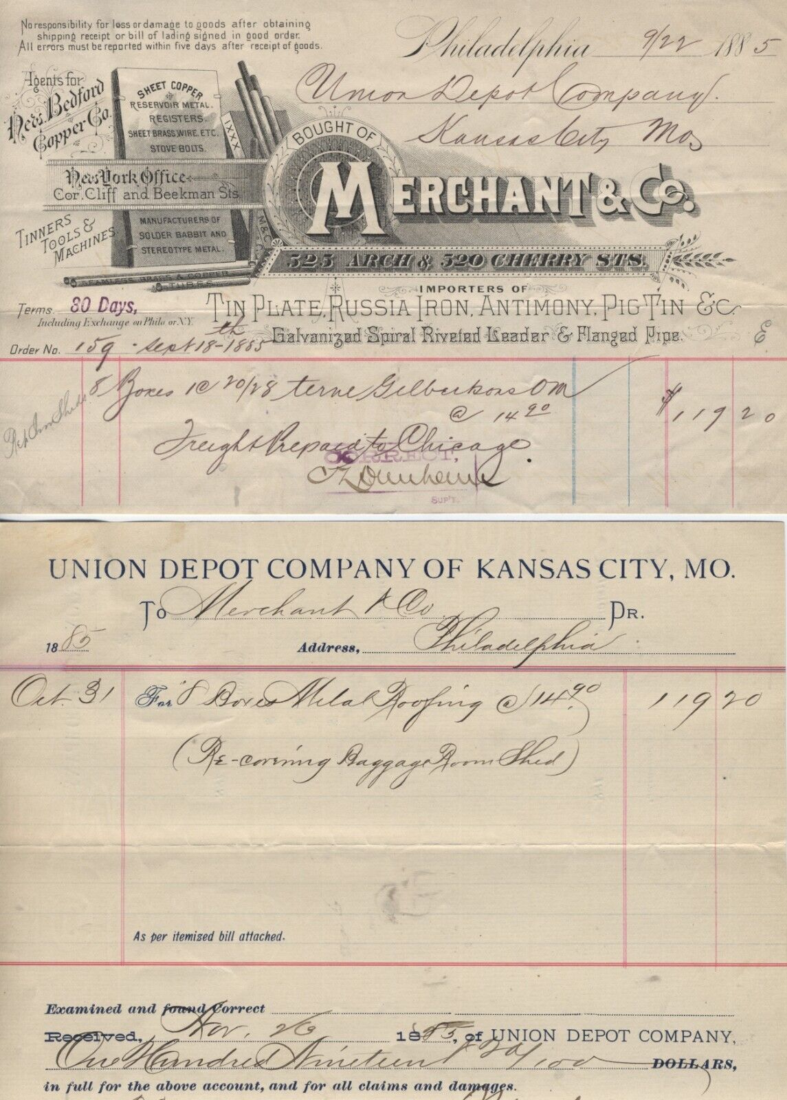 1885 KANSAS CITY MISSOURI BILLHEAD & VOUCHER, MERCHANTS & CO. SIGNED NETTLETON
