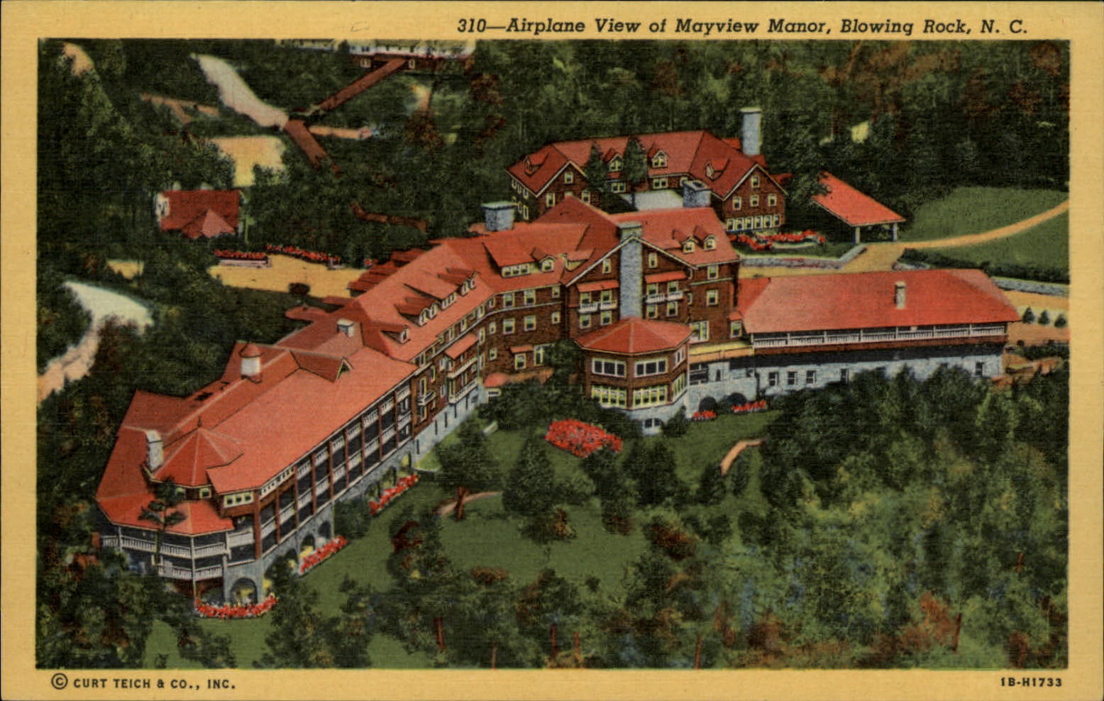 Mayview Manor Blowing Rock North Carolina aerial view ~ 1940s linen postcard