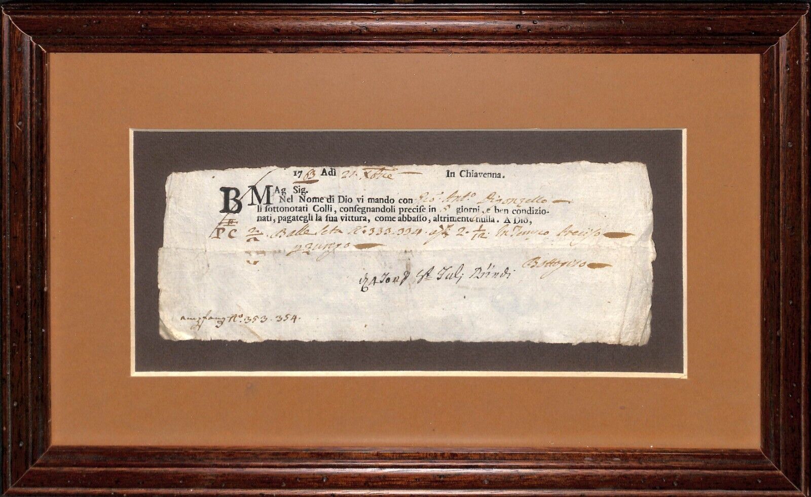 Italy early Pre Philatelic framed antique letter document Chiavenna 1763