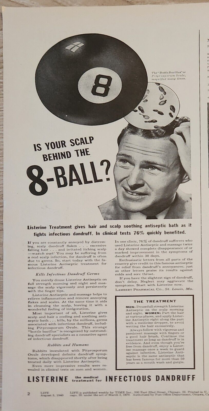 1940 Listerine treatment for dandruff hair vintage ad behind the 8 ball