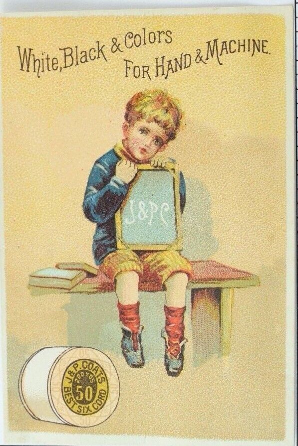 1870\'s-80\'s J&P C. Six Cord Thread, Child w/ Sign Victorian Trade Card P65