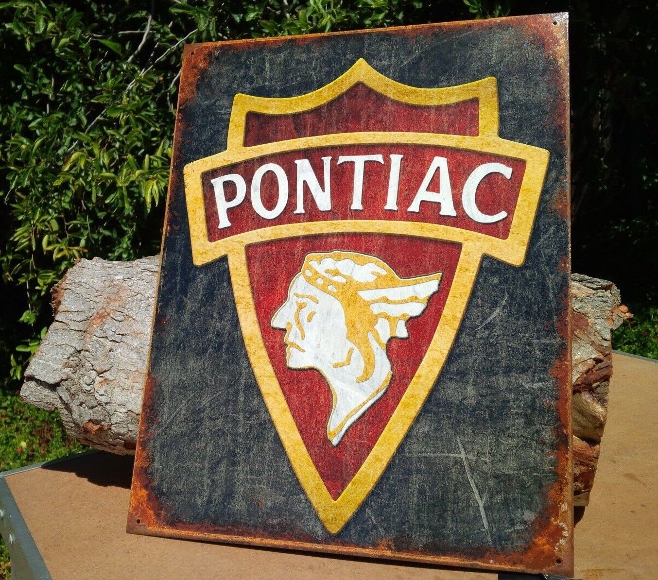 Vintage Pontiac Chief Shield Emblem Tin Metal Classic Sign Auto Car Garage Shop