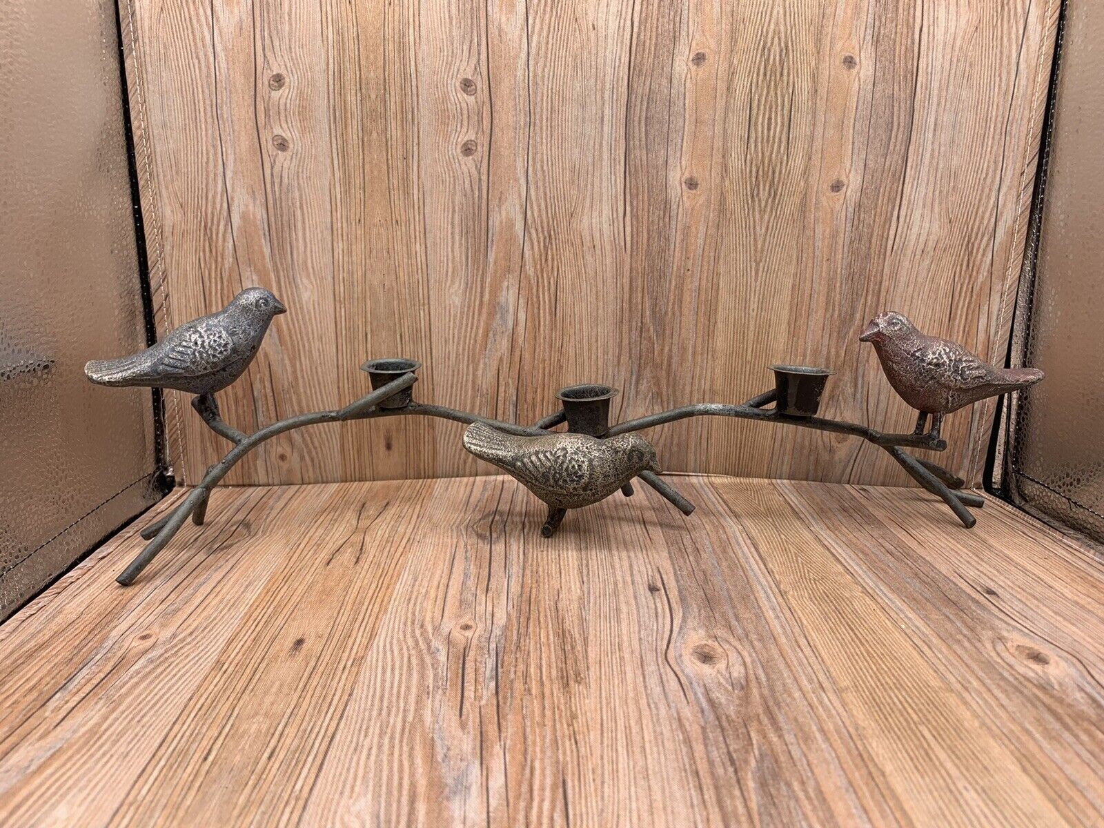 Antique Vintage Candle Holder cast iron 3 birds on a branch Three Candle