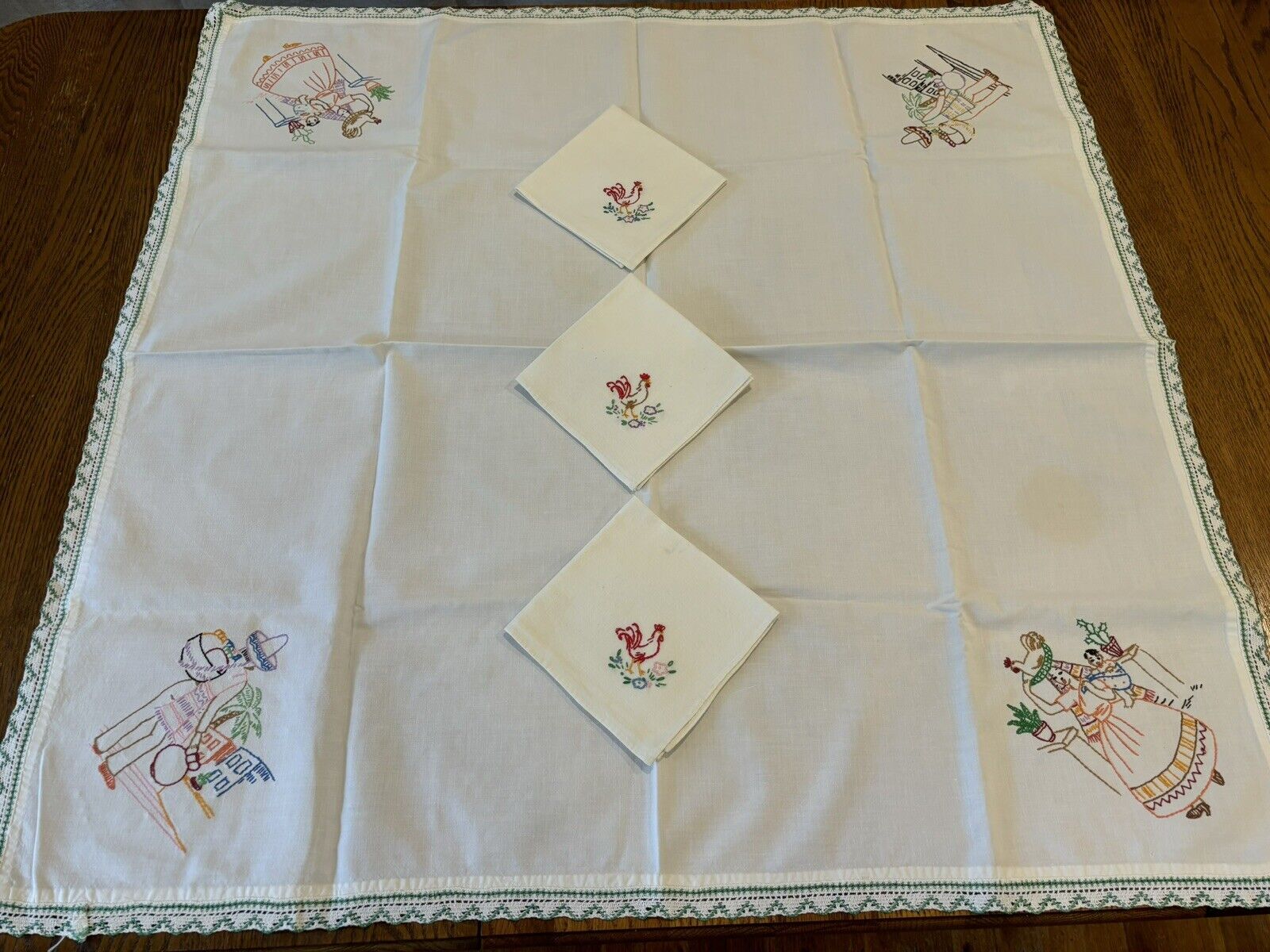 Vintage Hand Embroidered Square Tablecloth W/Crocheted Edge & 3 Napkin Set