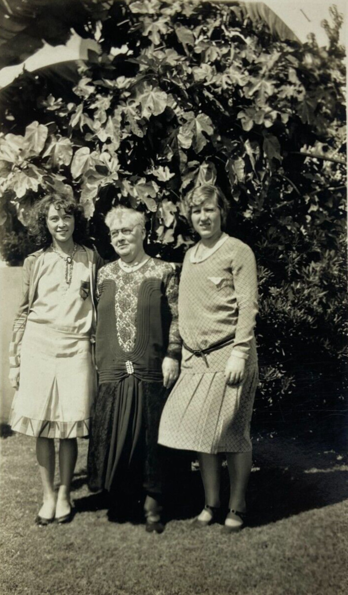 Three Women Standing Together By Large Plant B&W Photograph 2.75 x 4.5