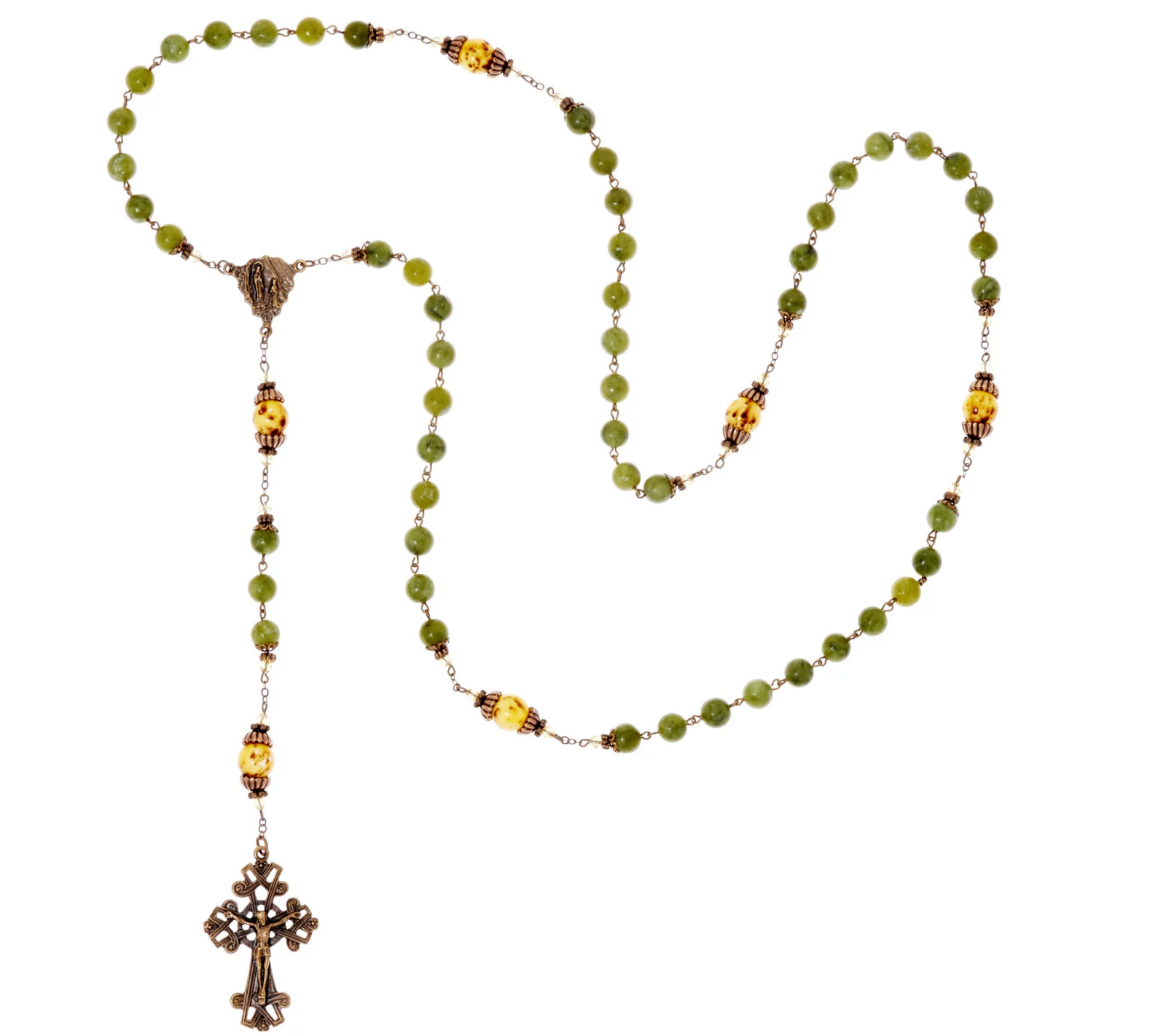 Connemara Marble Glass Beads Cross Antiqued Rosary Necklace 24-1/2\